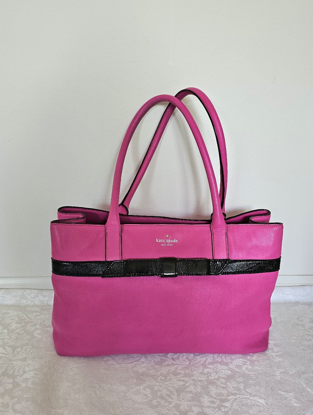 Kate Spade Rosa Mount Pink Leather Tote with Black Trim and Patent Leather Bow